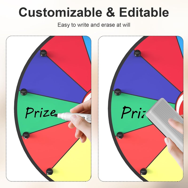 Retbtnm 12 Inch Prize Wheel, 12 Slots Color Spinning Wheel with Diamond Base, Heavy Duty Tabletop Spinner Wheel Includes Dry Erase Marker & Eraser for Parties, Rewards & Classroom Activities - Image 3